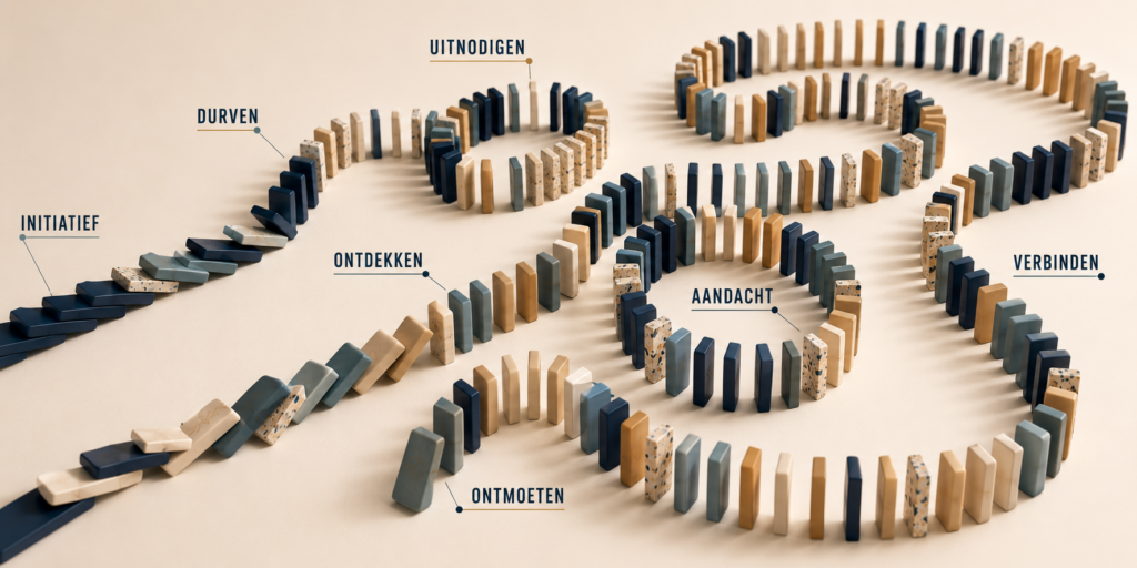 Sierlijk patroon van dominostenen in verschillende banen. Links zijn stenen gevallen, andere kantelen en verderop staan ze nog overeind. Langs de banen staan de woorden initiatief, durven, uitnodigen, ontdekken, ontmoeten, aandacht en verbinden.