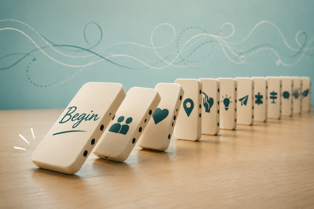Een rij dominostenen op een houten ondergrond. De eerste steen, met het woord ‘Begin’, valt om en zet de volgende stenen in beweging. De rij loopt verder met symbolen voor onder andere mensen, verbinding, ideeën en richting. Op de achtergrond lopen speelse, kronkelende lijnen door elkaar.