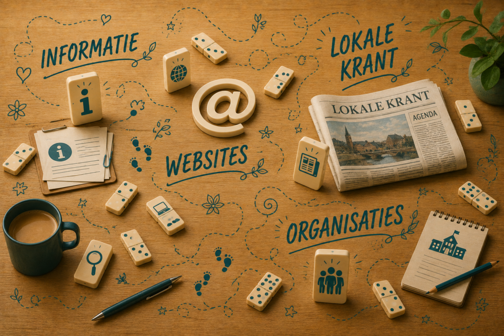 Een houten tafel met losse dominostenen en praktische informatiebronnen. Groot in beeld staan de woorden ‘Informatie’, ‘Websites’, ‘Lokale krant’ en ‘Organisaties’. Daarbij liggen onder andere een informatiekaart, een groot @-teken, een lokale krant met agenda en symbolen voor organisaties. Sierlijke lijnen en kleine dominostenen verbinden de onderdelen visueel met de rest van de cursus.